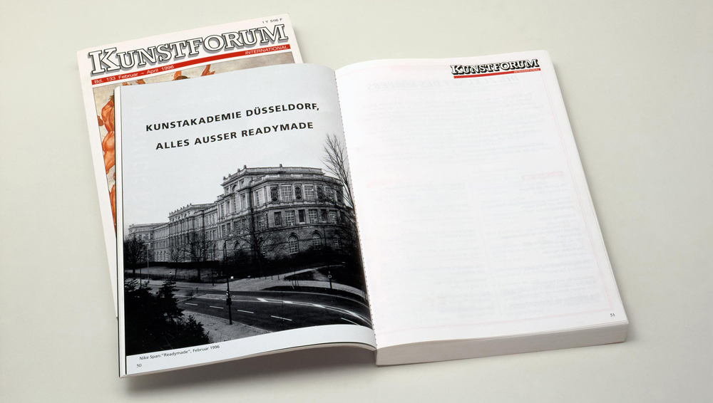 Art, artwork. A project in the Kunstforum international art magazine entitled "Enything but Readymade" by Nika Span / Nika Špan. Kunstforum International, vol. 133, February – April 1996, pg. 50, B&W advertising page, 22.4 cm x 14.8 cm. Germany